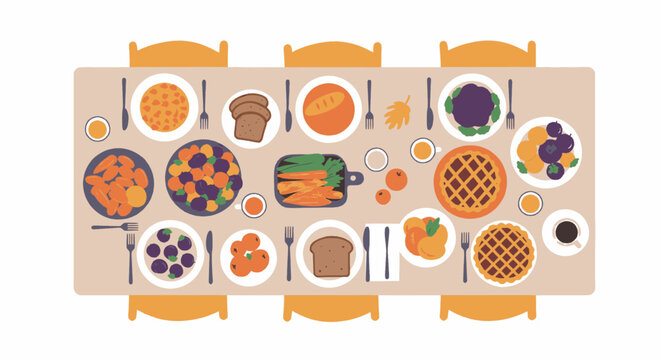 Overhead view of a Thanksgiving dinner table with various dishes and place settings.