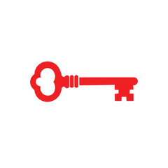 A bright red vintage skeleton key with an ornate bow and a simple bit on a white background