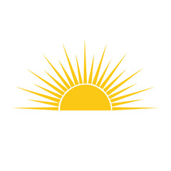 Bright yellow semicircle sun with radiating rays on a white background