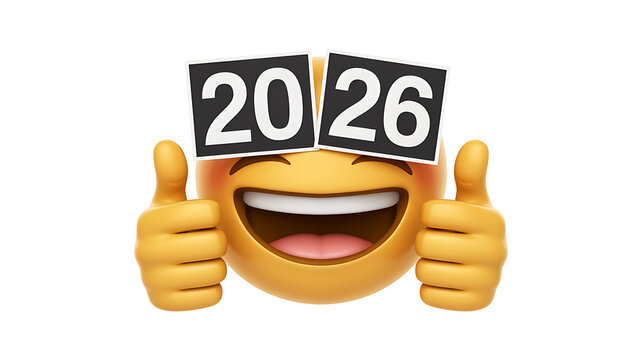 Smiling emoji enthusiastically displays '2026' on calendar pages, conveying optimism and future celebration.