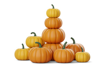 Obraz premium Stacked pumpkins in warm orange hues create a playful, autumnal tower against a white background.