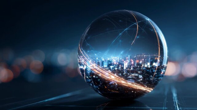 Glass sphere reflecting futuristic city lights and digital connections, symbolizing innovation, global investment, and the vision of a connected world.
