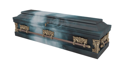Ornate coffin with a swirling blue and white design, accented by gold detailing, evokes somber reflection.