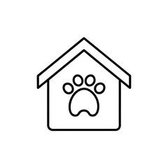 Dog house with paw print in black and white outline on transparent background
