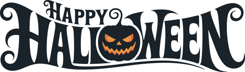 Happy Halloween typography, spooky decorative text, pumpkin face letter O, festive seasonal lettering, eerie holiday design, creepy celebratory artwork
