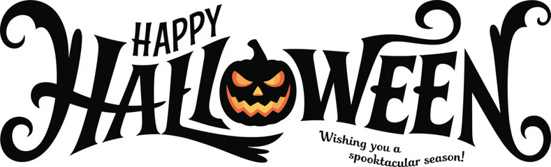 Happy Halloween typography, spooky decorative text, pumpkin face letter O, festive seasonal lettering, eerie holiday design, creepy celebratory artwork