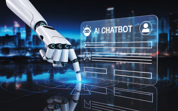 Artificial intelligence chatbot concept with robotic hand touching virtual interface showing online conversation, automation, and digital communication technology