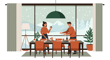 Fototapeta premium Cozy Dinner Scene with Couple and Winter View.