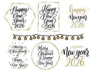 Vector elegant Christmas and New Year 2026 lettering set in gold and black. Festive calligraphy designs perfect for cards, posters, and holiday