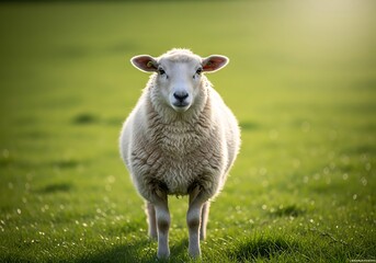 Fototapeta premium A fluffy white sheep stands alone in a vibrant green pasture under soft sunlight.
