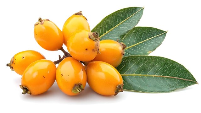 Cluster of orange loquats on a branch with green leaves. Concept Loquat cluster on branch, Orange loquats with green leaves, Close-up fruit and foliage, Green leafy background, Nature photography - Powered by Adobe
