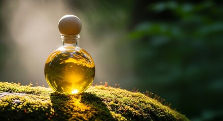 Golden Elixir - Round Glass Bottle on Mossy Rock, Forest Sunlight.