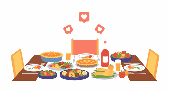 Illustration of a Thanksgiving dinner table with food and social media icons.