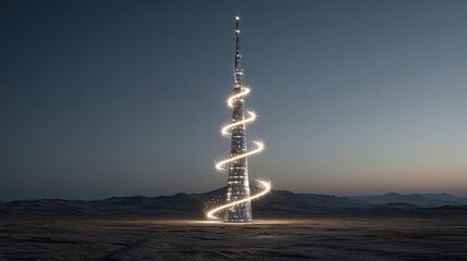 Abstract information transmission tower as symbol concept. A stunning spiral tower illuminated against a twilight sky.