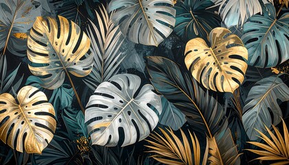 Lush botanical wallpaper featuring gold and teal monstera leaves and other tropical foliage on a dark, abstract background © Adie