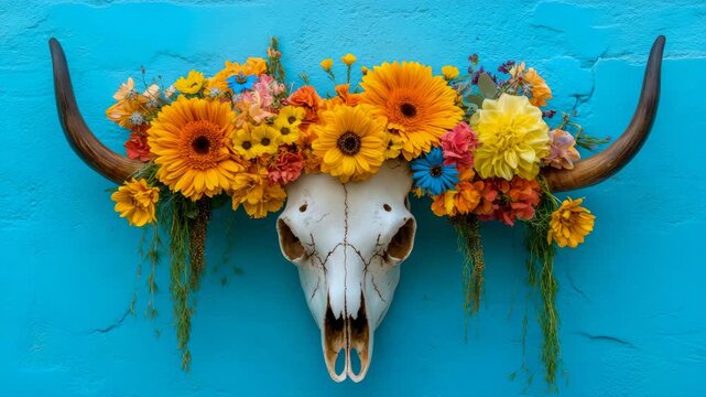 Artistic composition showcasing majestic animal skull embellished with abundant, cheerful blossoms in yellow, orange, and blue, set against striking blue surface