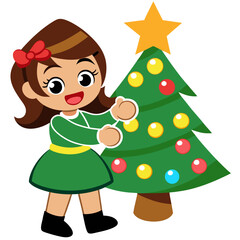 Fototapeta premium Cheerful girl decorating Christmas tree with colorful ornaments