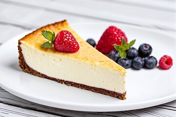 Portrait of a slide of cheese cake on a table with copy space