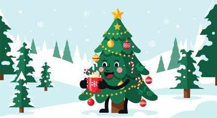 Fototapeta premium Cheerful Cartoon Christmas Tree Holding Hot Cocoa.
