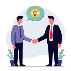 Two businessmen shaking hands, with a thought bubble above their heads.