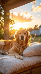 Obraz premium Golden retriever rests on a white cushion under a wooden pergola, bathed in the warm light of a setting sun. A peaceful scene