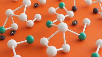 Molecular model of caffeine coffee beans on a burnt orange backdrop