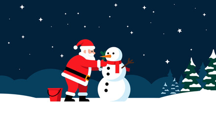 Naklejka premium Santa Claus Building a Snowman on Christmas Eve.