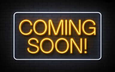 Obraz premium Coming soon neon sign on dark wall background representing announcement, promotion, marketing banner, and advertising message for upcoming product or event