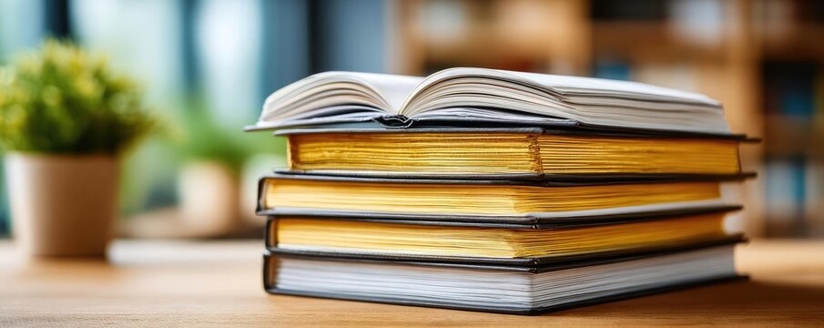 Working at heights permit book on table concept. A stack of books with an open book on top, ideal for studying.