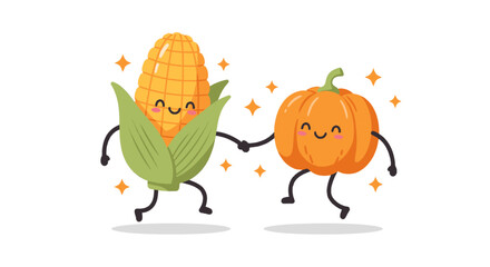 Cartoon corn and pumpkin characters holding hands and dancing with happy faces and sparkles.