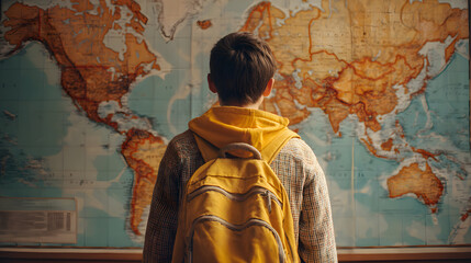 Young boy exploring world map planning future travel