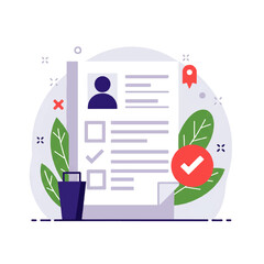 Illustration of a completed form with a checkmark, person icon, and leaves.