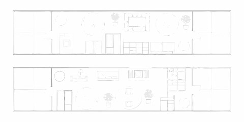 Top down view of a modern minimalist apartment floor plan with furniture and appliances
