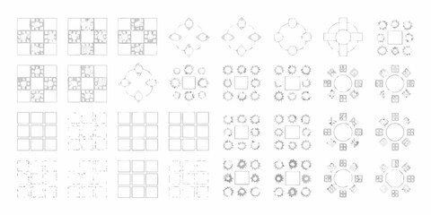 Collection of abstract geometric patterns and arrangements in a grid layout with variations in shading and form