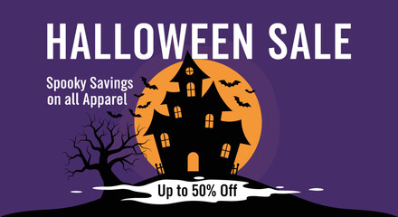 A Halloween sale graphic with a haunted house full moon and bats against a purple sky offering spooky savings on apparel