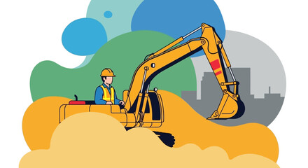 Worker operating yellow excavator at construction site symbolizing industry and urban development