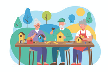 Happy seniors crafting birdhouses outdoors enjoying a creative leisure activity and friendship