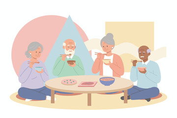 Diverse seniors enjoy a shared meal with chopsticks symbolizing community and healthy aging