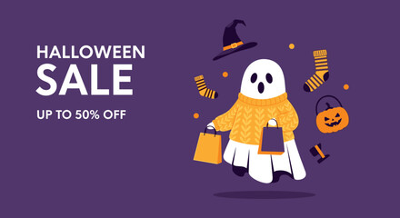 Cartoon ghost with shopping bags promotes a Halloween sale up to 50 off Ideal for spooky season promotions and discounts