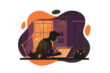 Creative designer working on a graphics tablet and laptop late at night with Halloween decor