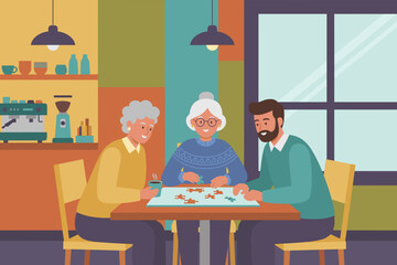 Happy multigenerational group solving a jigsaw puzzle at a cozy cafe enjoying leisure and social time