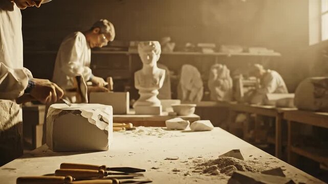Sculptors at work in a dimly lit studio, chiseling stone to create art, with tools and busts