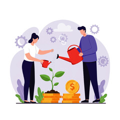 Two people watering a plant growing from coins, symbolizing investment growth and financial development.