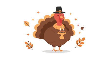 A cute cartoon turkey wearing a pilgrim hat and holding a pie for a Thanksgiving celebration.