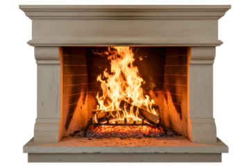 Stone fireplace with a roaring fire and burning logs inside isolated on a transparent background