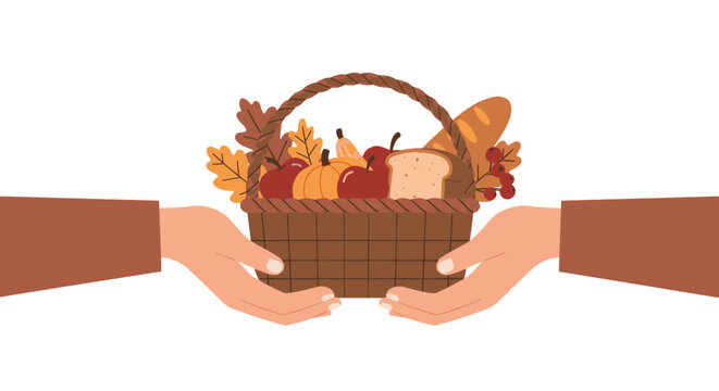 Hands giving a basket of food for donation, charity, or a harvest festival.