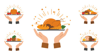 An illustration of multiple hands presenting platters of festive food, featuring a prominent roasted turkey, bread, and various autumn harvest vegetables and fruits.
