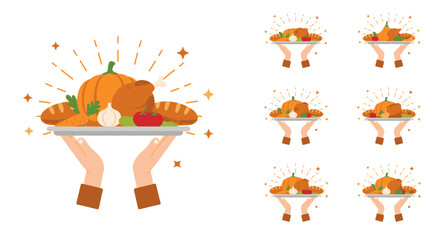 Thanksgiving feast illustration featuring a platter of food held by hands, with variations.