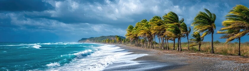 Fototapeta premium Landscape view during the hurricane or storm concept. A scenic coastline with palm trees swaying in the sea breeze.