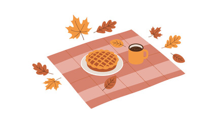 An illustration of a cozy autumn picnic with a waffle, coffee, and falling leaves on a white background.